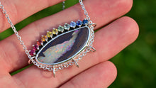 Load and play video in Gallery viewer, one of a kind rainbow boulder opal with ombre sapphires by curtis r jewellery ooak necklace
