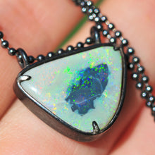 Load image into Gallery viewer, Australian rainbow opal pendant in oxidized silver handcrafted opal talisman
