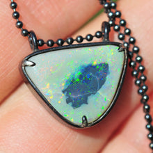 Load image into Gallery viewer, Australian rainbow opal pendant in oxidized silver handcrafted opal talisman