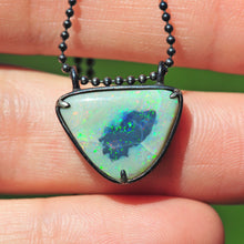 Load image into Gallery viewer, Australian rainbow opal pendant in oxidized silver handcrafted opal talisman