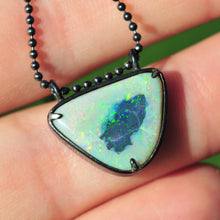 Load image into Gallery viewer, Australian rainbow opal pendant in oxidized silver handcrafted opal talisman