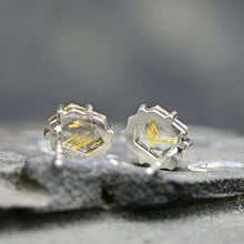 Load image into Gallery viewer, rutilated quartz studs tablet cut ehtically sources and prong set in sterling silver by curtis r jewellery