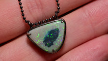 Load and play video in Gallery viewer, Australian rainbow opal pendant in oxidized silver handcrafted opal talisman