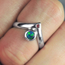 Load image into Gallery viewer, black opal ring in sterling silver with ruby accent in peak design size 5 by curtis r jewellery