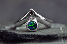 Load image into Gallery viewer, black opal ring in sterling silver with ruby accent in peak design size 5 by curtis r jewellery
