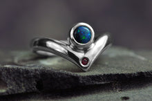 Load image into Gallery viewer, black opal ring in sterling silver with ruby accent in peak design size 5 by curtis r jewellery