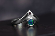 Load image into Gallery viewer, black opal ring in sterling silver with ruby accent in peak design size 5 by curtis r jewellery
