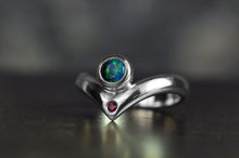 Load image into Gallery viewer, black opal ring in sterling silver with ruby accent in peak design size 5 by curtis r jewellery