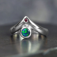 Load image into Gallery viewer, black opal ring in sterling silver with ruby accent in peak design size 5 by curtis r jewellery