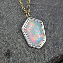Load image into Gallery viewer, geomtric cut designer opal in solid silver and 14k yellow gold by jeweler and gemcutter curtis r jewellery