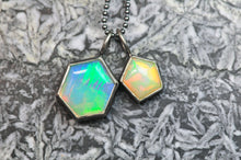 Load image into Gallery viewer, pair of geometric opal charms in sterling silver pentagon hexagon set opal jewelry by curtis r jewellery
