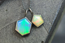 Load image into Gallery viewer, pair of geometric opal charms in sterling silver pentagon hexagon set opal jewelry by curtis r jewellery