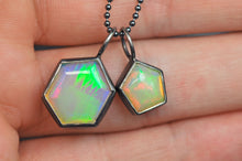 Load image into Gallery viewer, pair of geometric opal charms in sterling silver pentagon hexagon set opal jewelry by curtis r jewellery