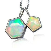 Load image into Gallery viewer, pair of geometric opal charms in sterling silver pentagon hexagon set opal jewelry by curtis r jewellery