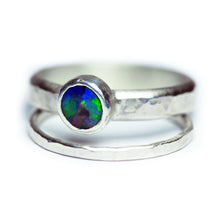 Load image into Gallery viewer, Back Opal Sterling Silver Ring Opal Stacking Set Jewelry Natural Australian Opal Silversmith Hammered Band Set Size 5
