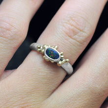 Load image into Gallery viewer, Australian Black Opal Ring with 14k Yellow Gold Accents - Opal Engagement - Black Opal Jewelry - Black Opal Band - Opal Wedding - Size 7