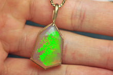 Load image into Gallery viewer, Snakeskin Opal Pendant in 14k Yellow Gold geometric Artisan cut opal by artist curtis r jewellery