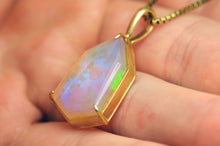 Load image into Gallery viewer, Snakeskin Opal Pendant in 14k Yellow Gold geometric Artisan cut opal by artist curtis r jewellery