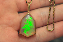 Load image into Gallery viewer, Snakeskin Opal Pendant in 14k Yellow Gold geometric Artisan cut opal by artist curtis r jewellery