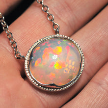 Load image into Gallery viewer, large white opal cabochon with rainbow play of colour, gem quality opal necklace by curtis r jewel
