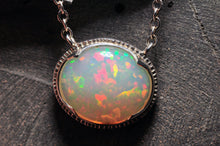 Load image into Gallery viewer, large white opal cabochon with rainbow play of colour, gem quality opal necklace by curtis r jewel