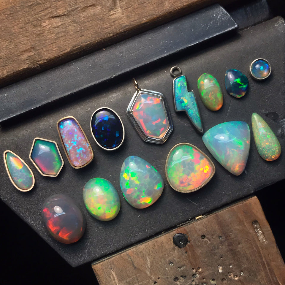 precious opals on the jewellery bench of opal cutter curtis r jewellery, Ethiopian opal, australian opal, black opal, pipe opal gemstones