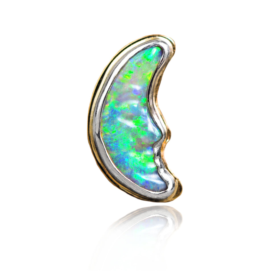 australian opal moon carving stud in mixed metal by lapidary artist curtis r jewellery 