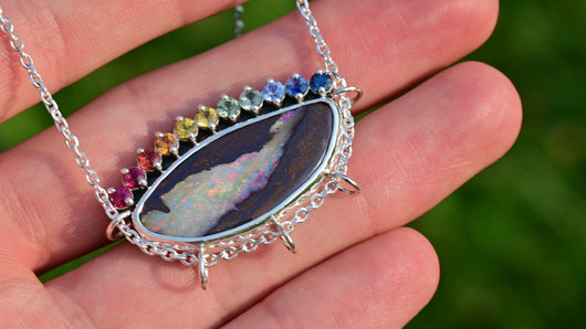 one of a kind rainbow boulder opal with ombre sapphires by curtis r jewellery ooak necklace 