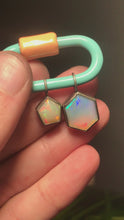 Load and play video in Gallery viewer, pair of geometric opal charms in sterling silver pentagon hexagon set opal jewelry by curtis r jewellery on quick screw lock by jessica kagan cushman
