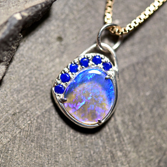 one of a kind australian crystal opal pendant charm in recycled sterling silver with blue lapis lazuli handcrafted talisman charm 