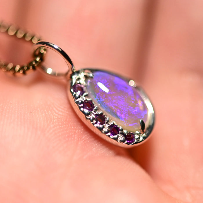 australian crystal opal pendant handcrafted with pave lavender amethyst by jewelry artist curtis r jewellery 