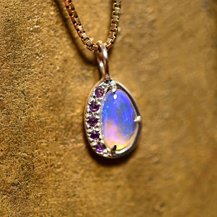 australian crystal opal pendant handcrafted with pave lavender amethyst by jewelry artist curtis r jewellery 