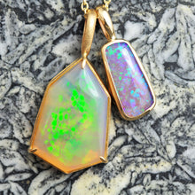 Load image into Gallery viewer, Snakeskin Opal Pendant in 14k Yellow Gold by Curtis R JewellerySnakeskin Opal Pendant in 14k Yellow Gold geometric Artisan cut opal by artist curtis r jewellery
