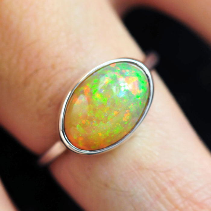 Golden Crystal Opal Ring in Sterling Silver- Size 8.5