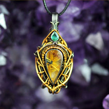 Load image into Gallery viewer, Starburst Rutile Quartz Wire Wrap and Emerald - Sterling Silver and 14K Yellow Gold Fill Pendant Talisman OOAK by Curtis R Jewellery
