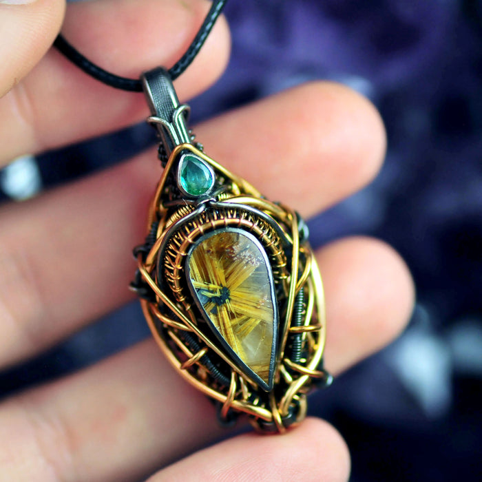 Starburst Rutile Quartz Wire Wrap and Emerald - Sterling Silver and 14K Yellow Gold Fill Pendant Talisman OOAK by Curtis R Jewellery
