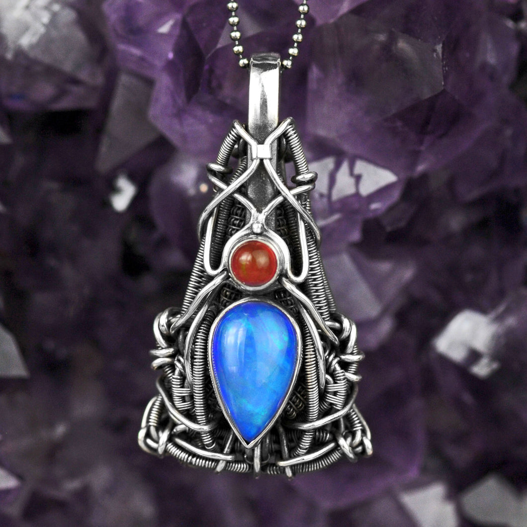 Blue Crystal Opal Pendant with Fire Opal OOAK