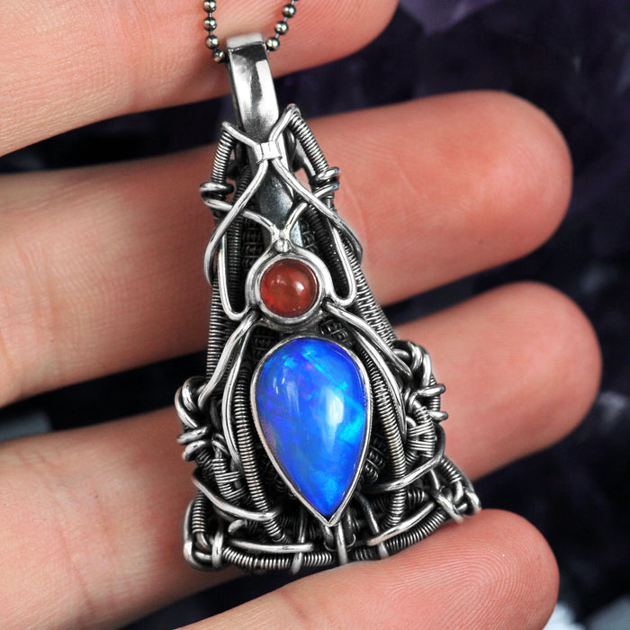 Blue Crystal Opal Pendant with Fire Opal OOAK