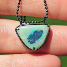 Load image into Gallery viewer, Australian rainbow opal pendant in oxidized silver handcrafted opal talisman
