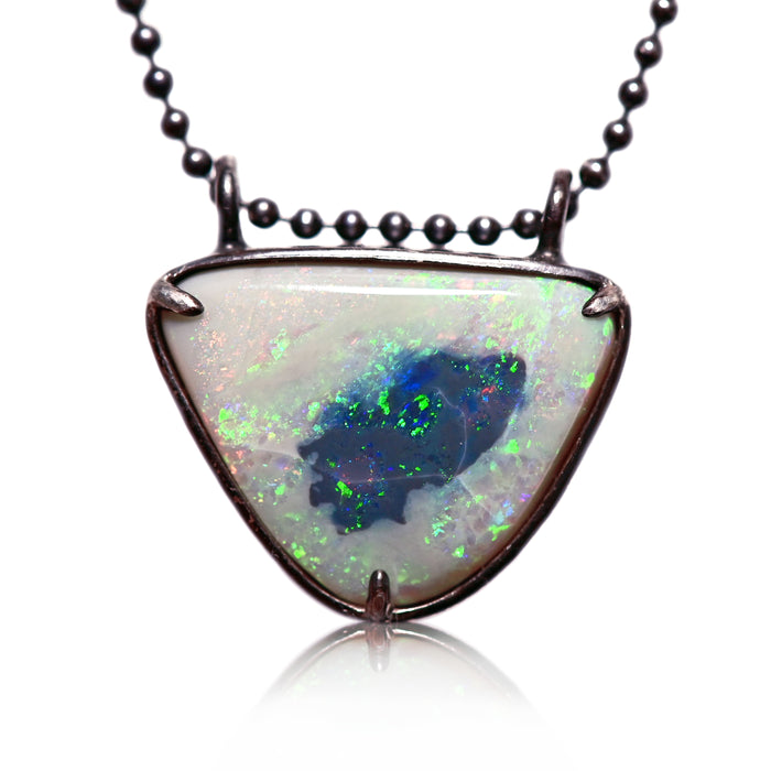 Australian rainbow opal pendant in oxidized silver handcrafted opal talisman