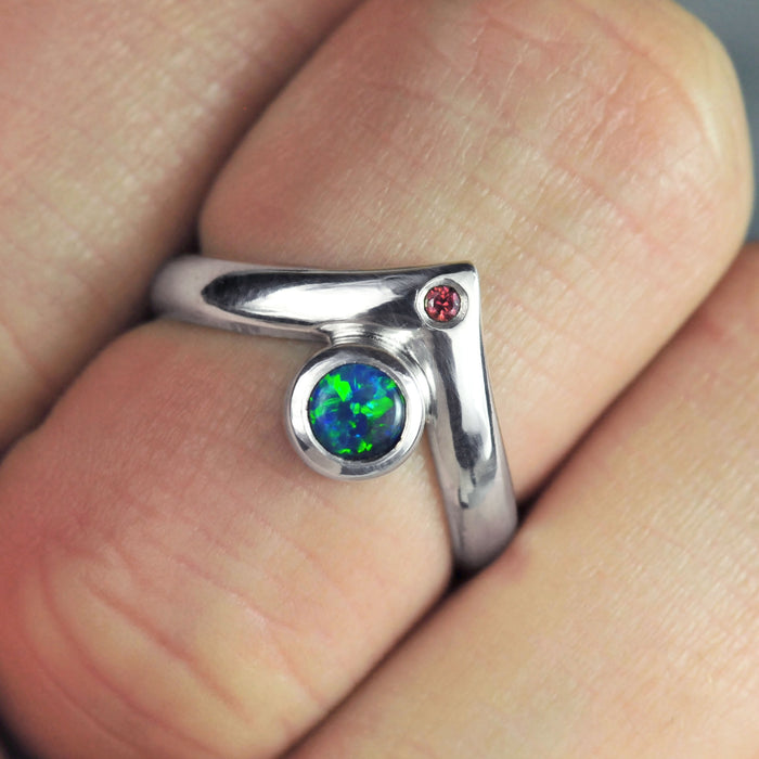 black opal ring in sterling silver with ruby accent in peak design size 5 by curtis r jewellery