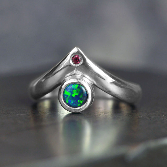 black opal ring in sterling silver with ruby accent in peak design size 5 by curtis r jewellery