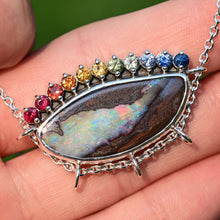 Load image into Gallery viewer, one of a kind rainbow boulder opal with ombre sapphires by curtis r jewellery ooak necklace 
