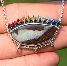 Load image into Gallery viewer, one of a kind rainbow boulder opal with ombre sapphires by curtis r jewellery ooak necklace 
