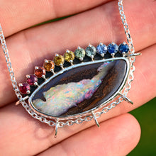 Load image into Gallery viewer, one of a kind rainbow boulder opal with ombre sapphires by curtis r jewellery ooak necklace 
