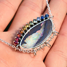 Load image into Gallery viewer, one of a kind rainbow boulder opal with ombre sapphires by curtis r jewellery ooak necklace 
