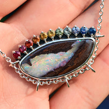 Load image into Gallery viewer, one of a kind rainbow boulder opal with ombre sapphires by curtis r jewellery ooak necklace 
