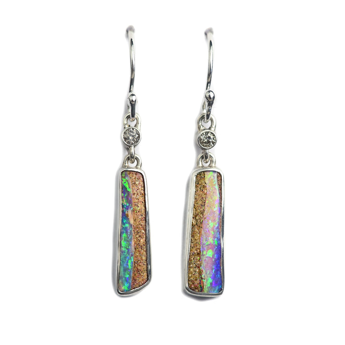 Australian crystal opal drop earrings in sterling silver with diamond accents by jeweler Curtis R Jewellery 