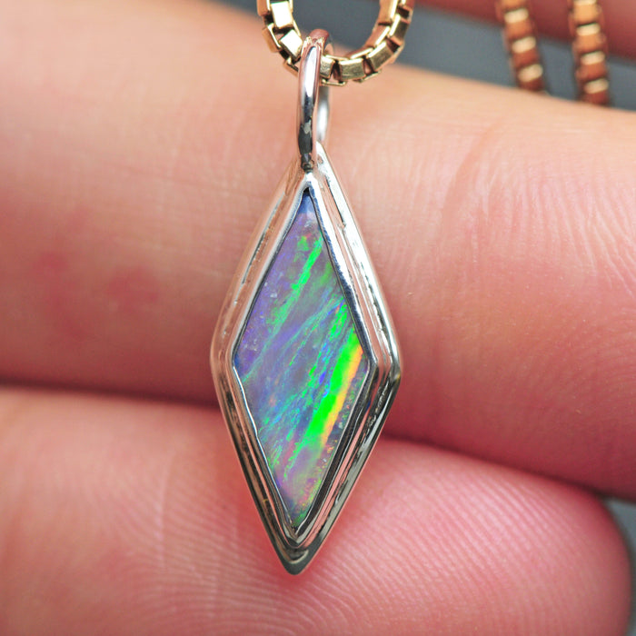 diamond shaped australian crystal opal in silver by curtis r jewellery ready to ship