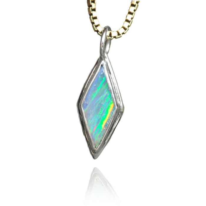 diamond shaped australian crystal opal in silver by curtis r jewellery ready to ship